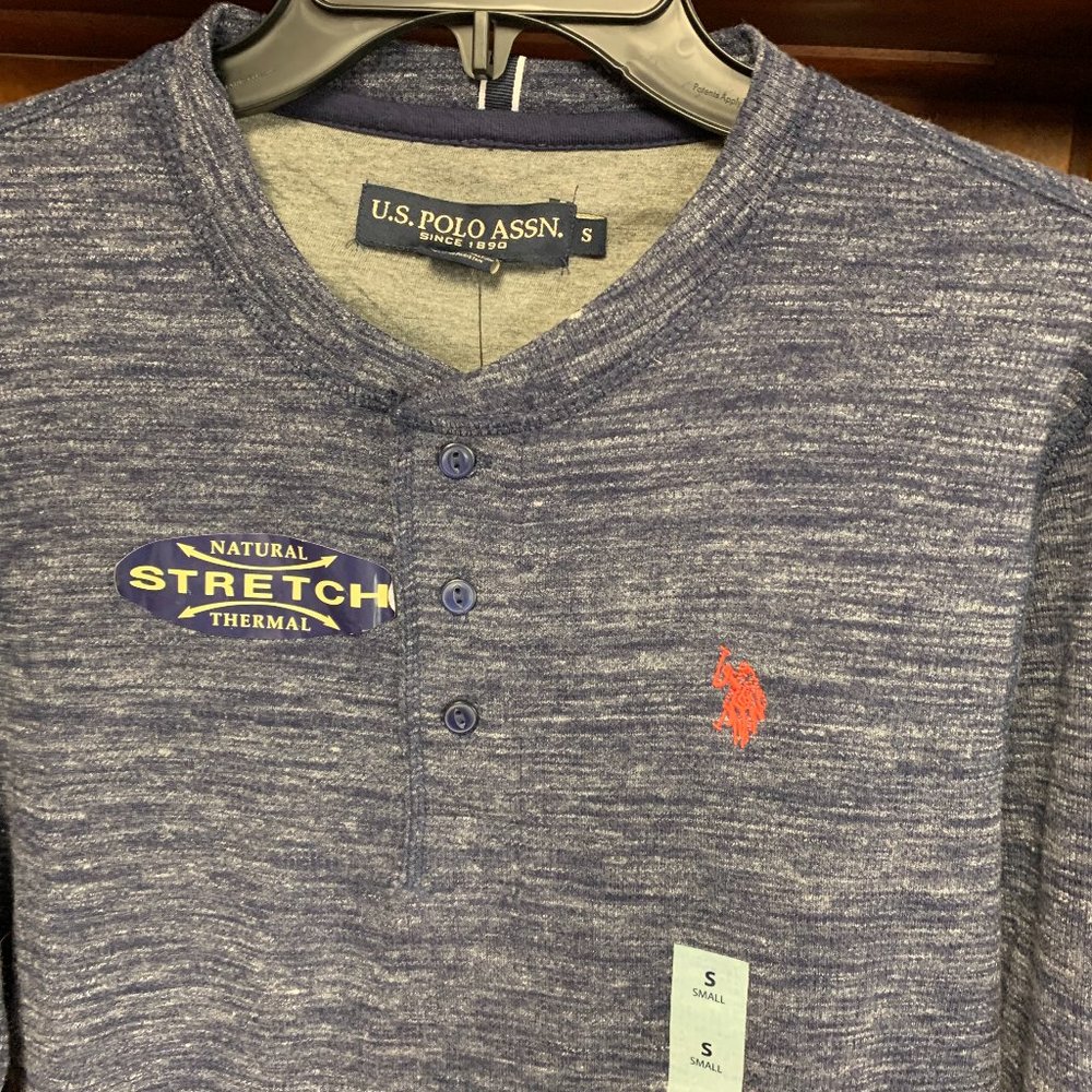 Men's "U.S. Polo Assn." heather blue LS henley - NWT - S